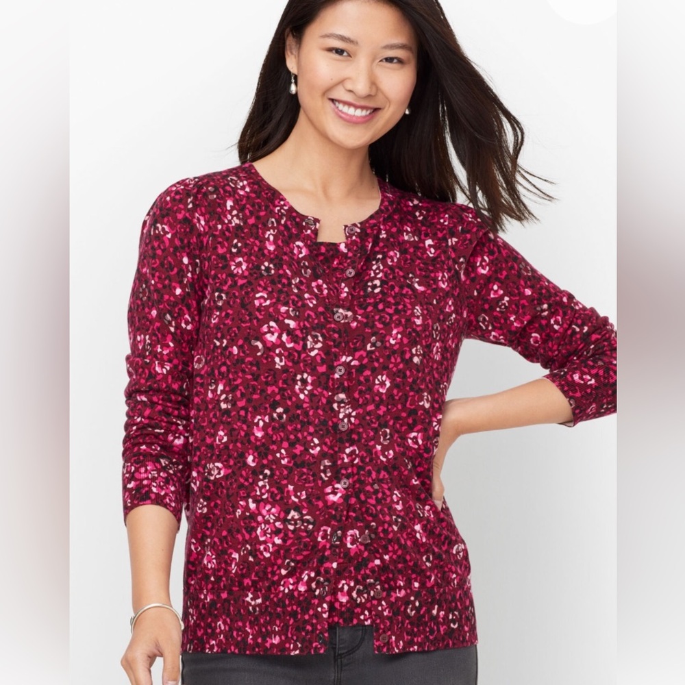 Talbots Charming Cardigan in abstract leopard print